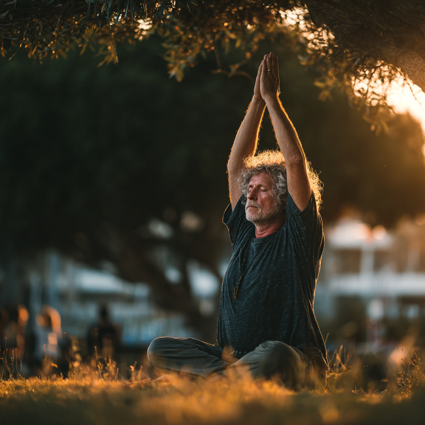 Senior practică yoga într-un parc liniștit